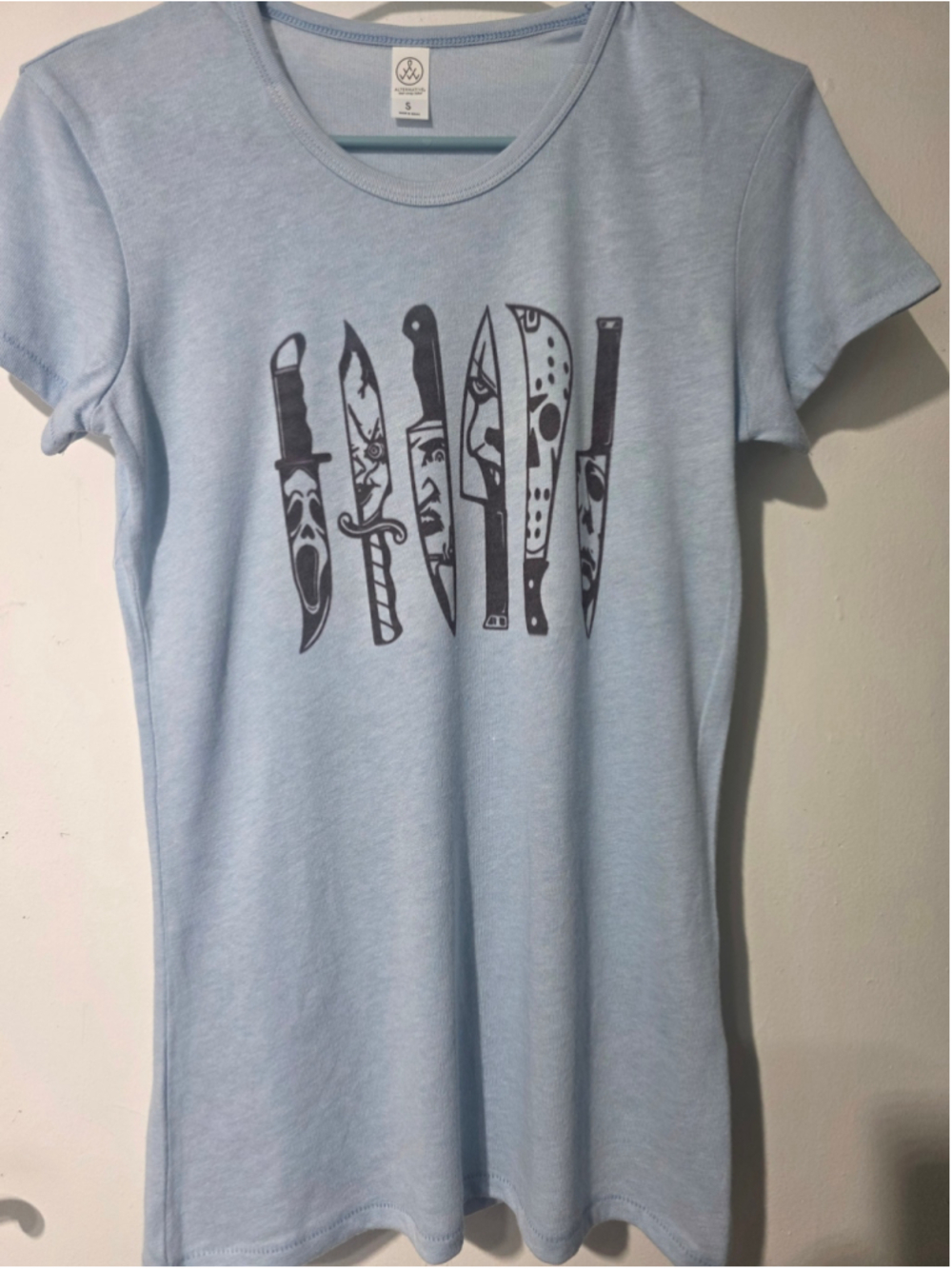Women's Alternative Horror Movie Knife Graphic Tee, Size S, Light Blue